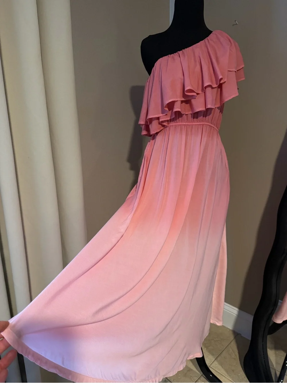 April Cornell Pink One Shoulder Ruffle Layered Modal Maxi Dress Size M